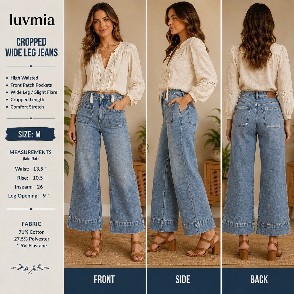 Luvamia Wide Leg Jeans Womens M NWT High Rise Cropped Patch Pocket Stretch